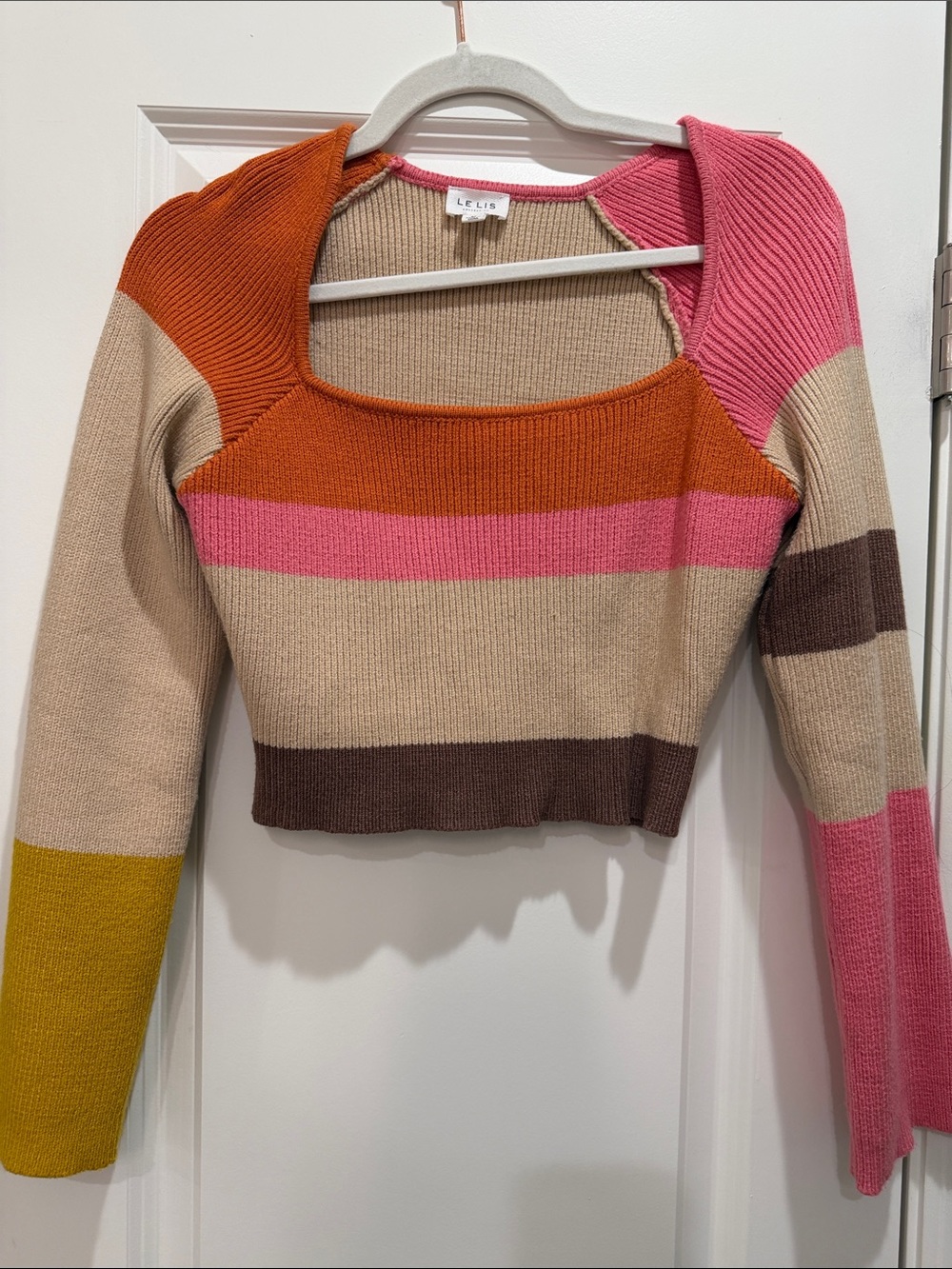 Le Lis Multicolor Striped Scoop-Neck Cropped Sweater - Pink/Orange/Beige